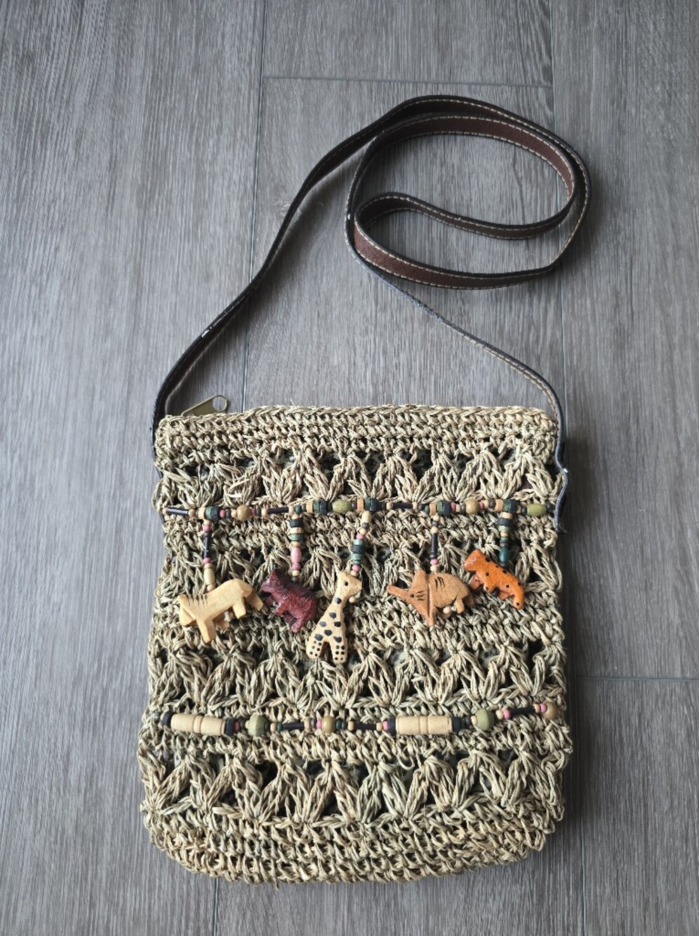 Vintage 90s Cappelli Straworld Woven Straw Crossbody Safari Animal Beads Boho
